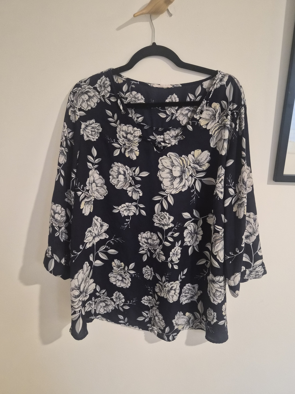 Navy Floral Print Women's Blouse - White Flower Pattern